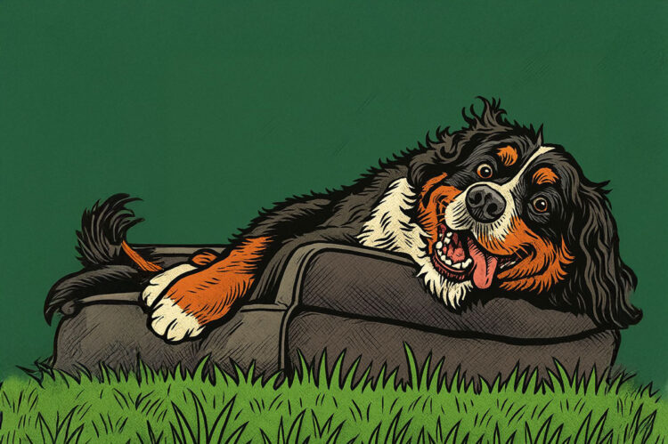 Berner Sennenhund in Körbchen als Comicmotiv