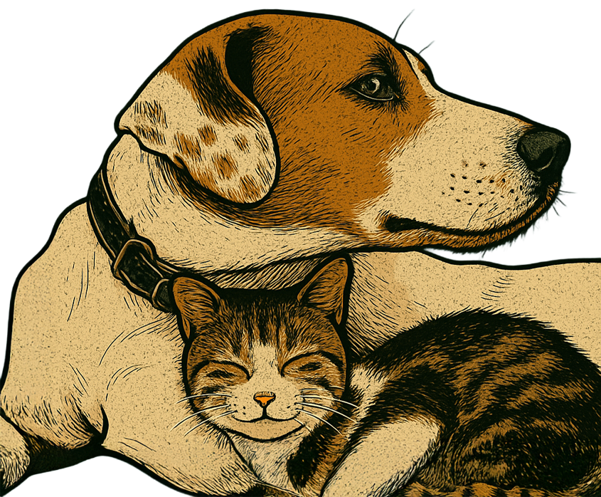 Hund und Katze kuscheln miteinander