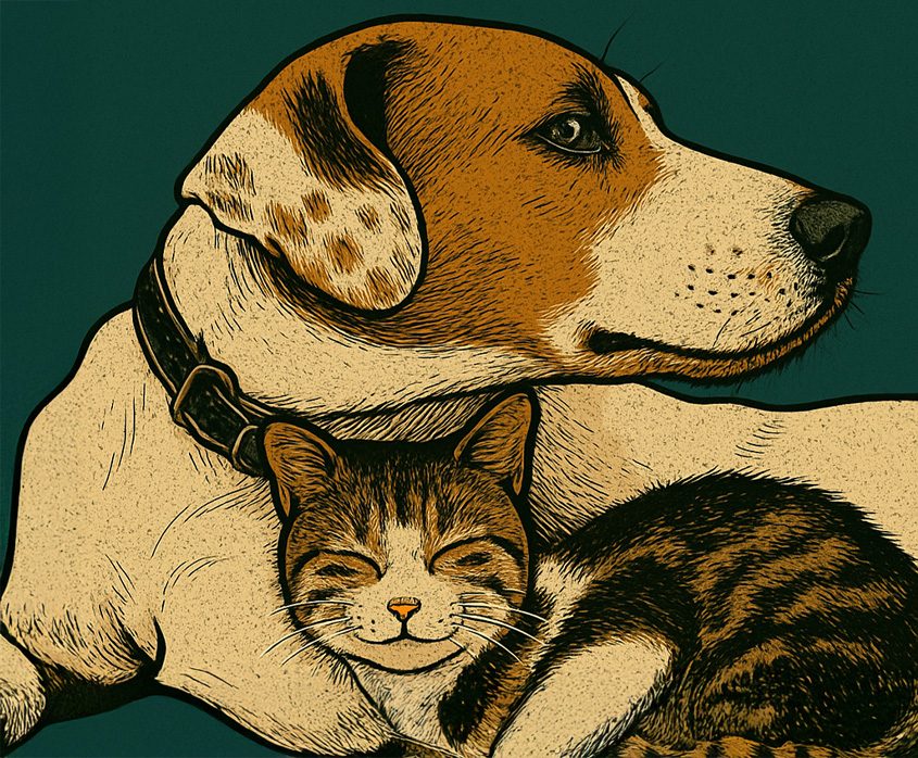 Hund und Katze kuscheln miteinander