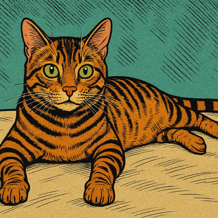 Liegende braun gestreifte Katze liegt Comic