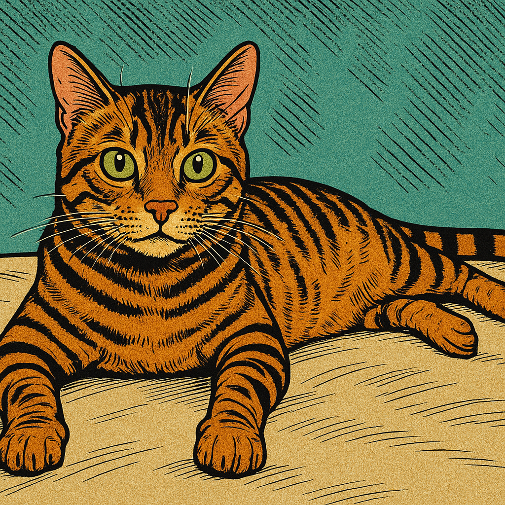 Liegende braun gestreifte Katze liegt Comic