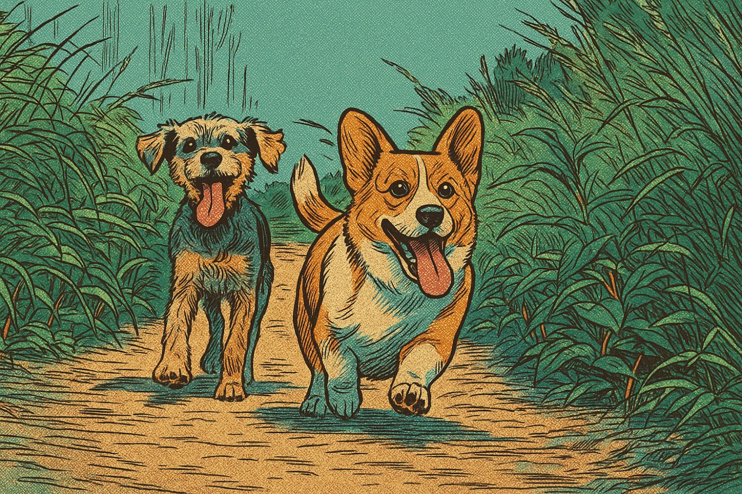 Comic zweier Hunde, die durch Gras laufen