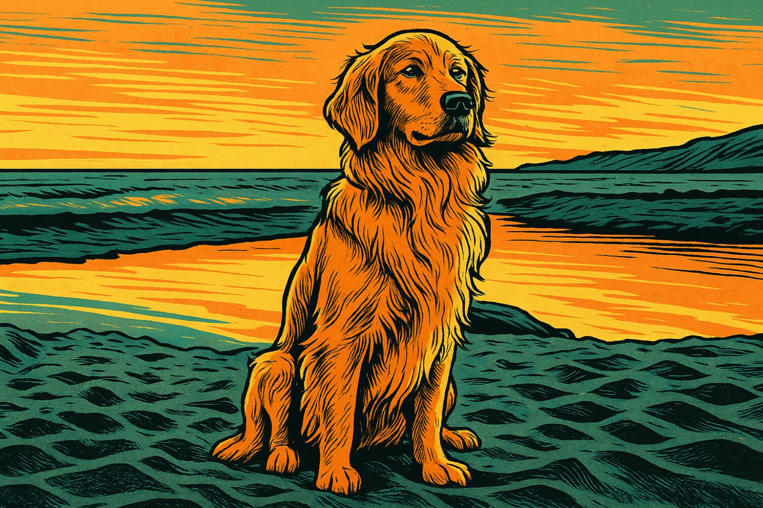 Comic eines Golden Retrievers am Sonnenuntergang