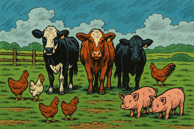 Comic Bild verschiedener Nutztiere wie Kühe, Hühner und Schweine