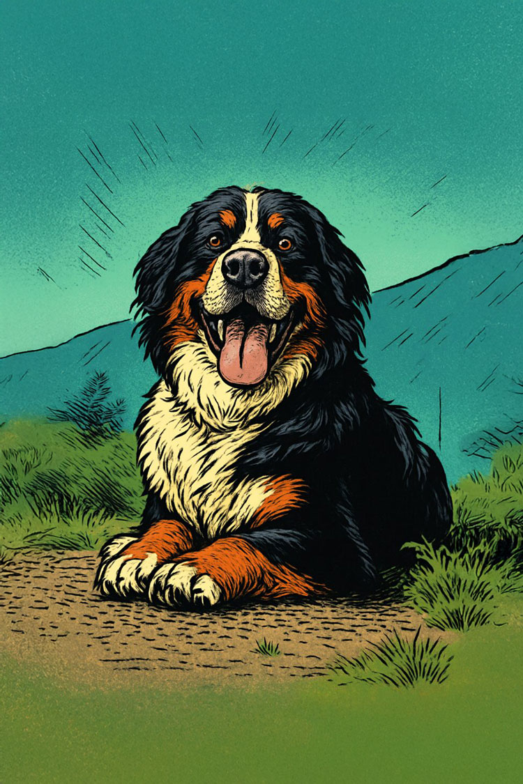 Comicmotiv eines Berner Sennenhundes, der im Gras liegt