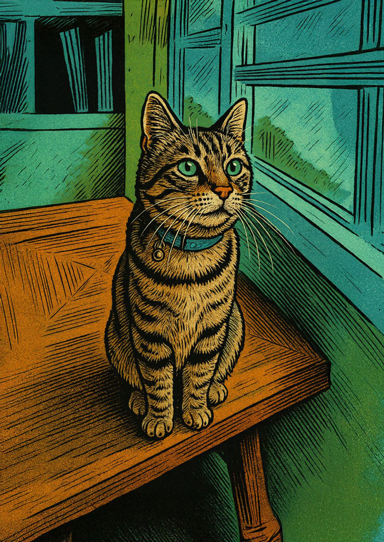 Comicmotiv einer gestreiften Katze, die auf einem Tisch sitzt