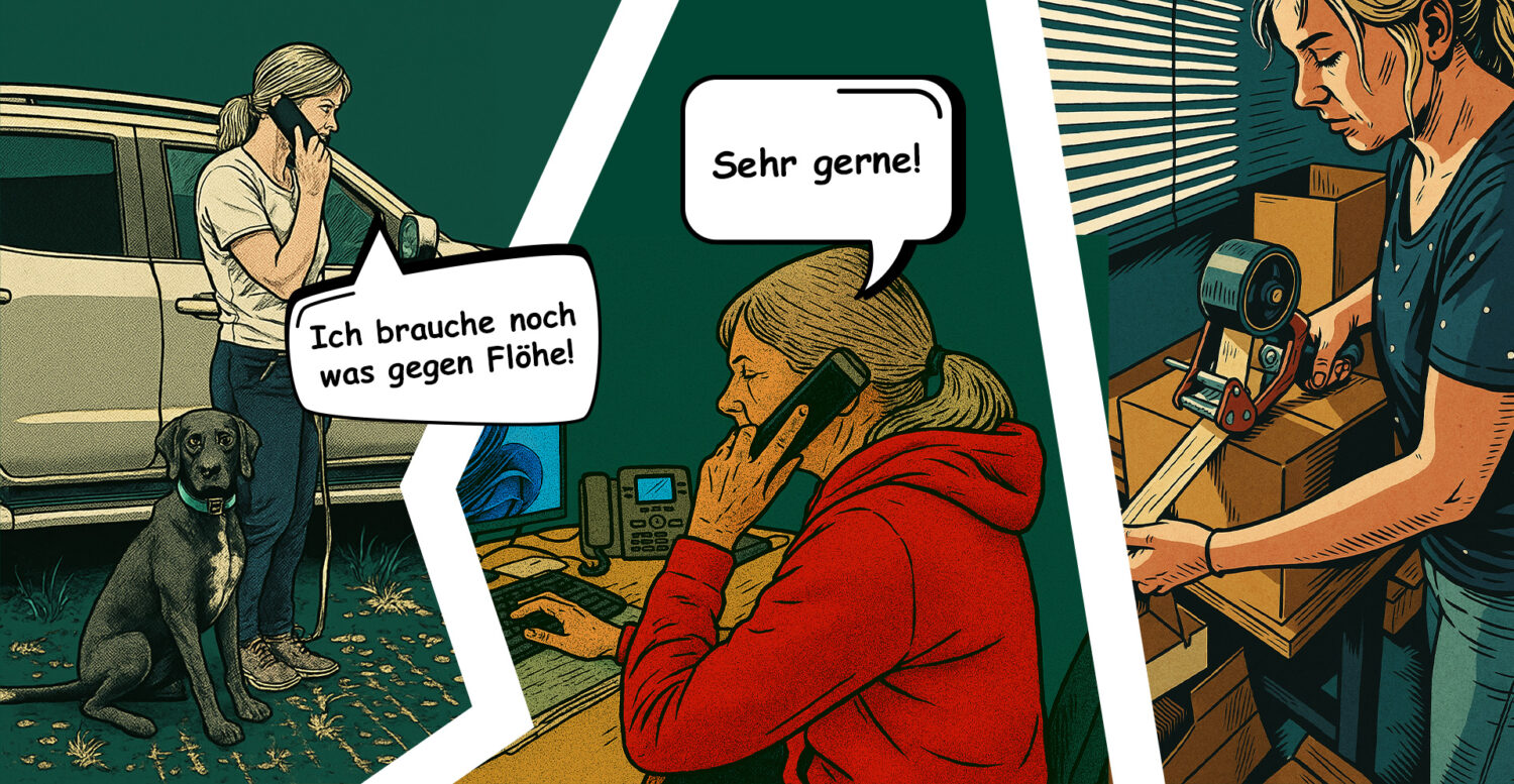 Comic über die Bestellung von Tierarznei