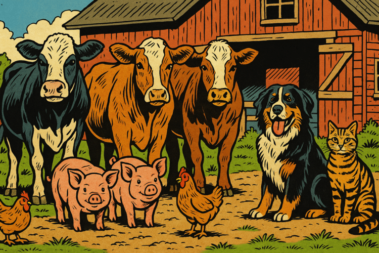 Comic eines Bauernhofs mit Kühen, Schweinen, Hühnern, Hund und Katze