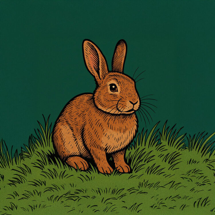 Kaninchen sitzt im Gras als Comicmotiv