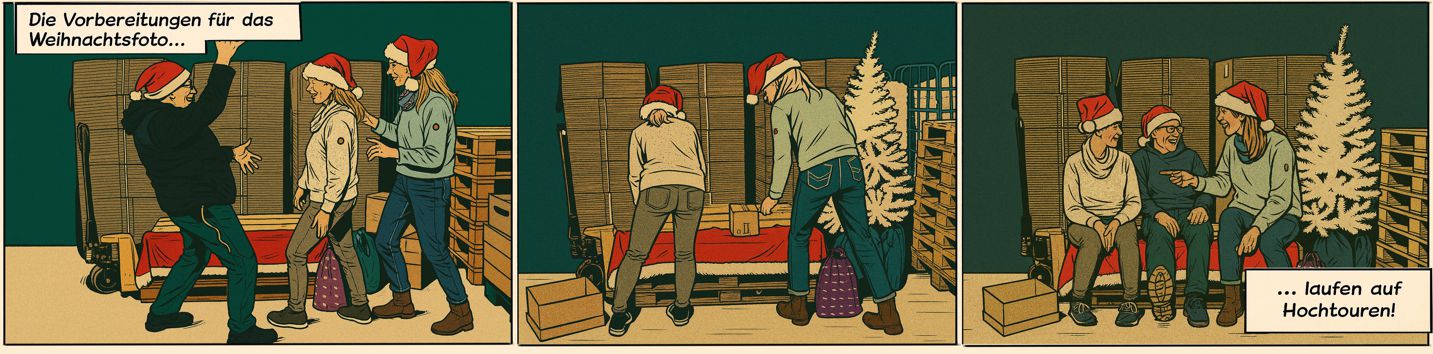 Comic Strip Mitarbeiter bereiten das Weihnachtsfoto vor