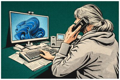 Frau sitzt am PC und telefoniert