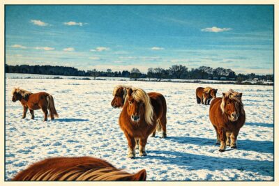 Shetlandponys auf einem verschneiten Feld
