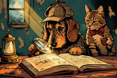 Sherlock Holmes Rauhaardackel mit Katze Watson auf der Suche