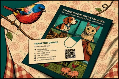 Visitenkarte liegt auf einer Postkarte auf dem Tisch
