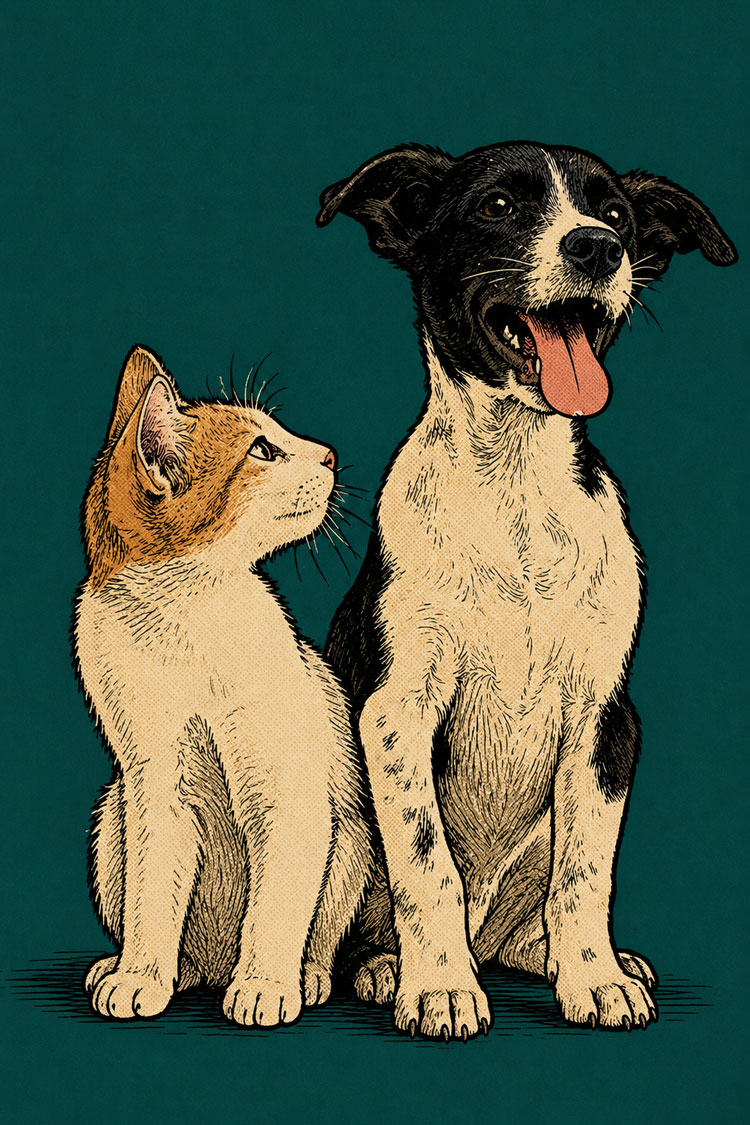 Hund und Katze sitzen nebeneinander