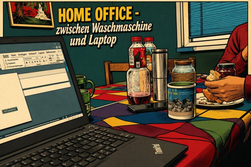 Ein Laptop auf dem Tisch beim Frühstück Titel Homeoffice zwischen Waschmaschine und Laptop