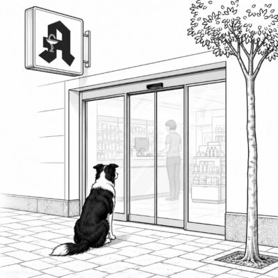 Hund wartet vor der Apotheke