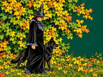 Hexe mit schwarzem Hund