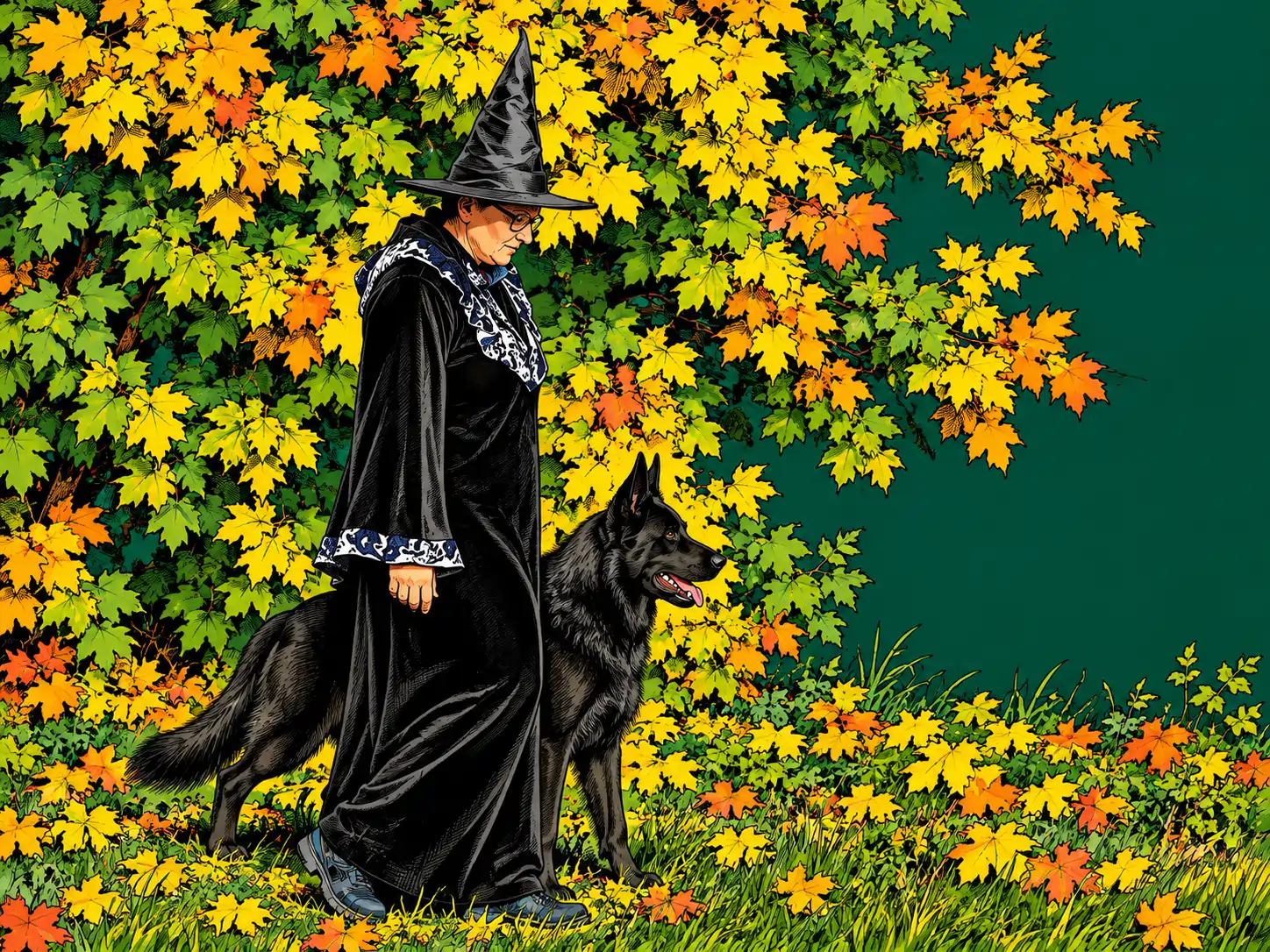 Hexe mit schwarzem Hund